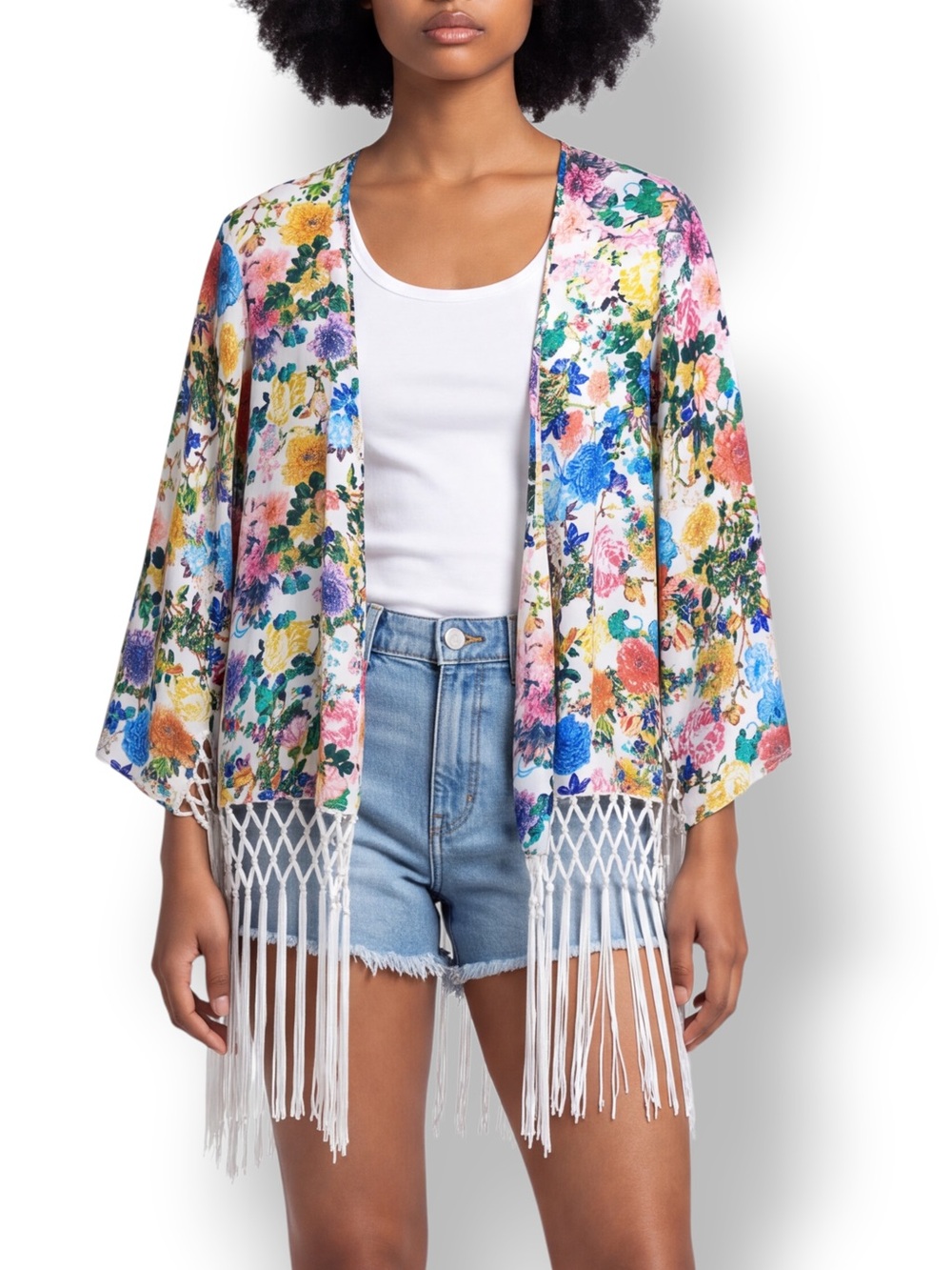 4/$20 Ark & Co Floral Fringe Kimono Open Front Boho Top Small
